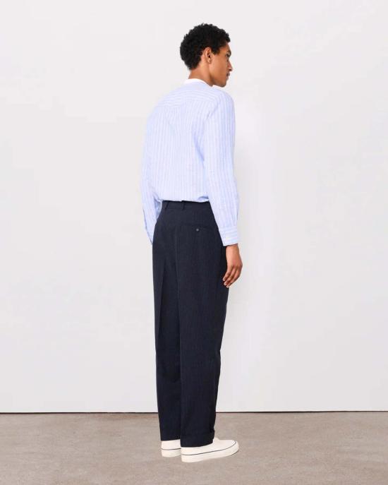  오피신 제네랄 스트레이트 팬츠 휴고 이탈리아 스트라이프 시어서커 팬츠 네이비 잉크 화이트 - OFFICINE GENERALE