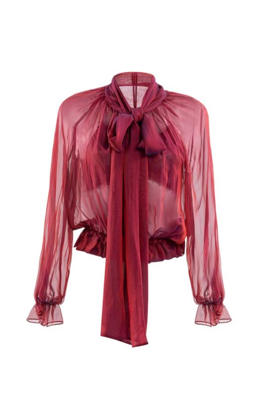  사이드 코베이시 블라우스 시폰 리본 셔츠