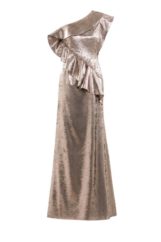  사이드 코베이시 롱 원피스 장식이 돋보이는 원숄더 라메 드레스