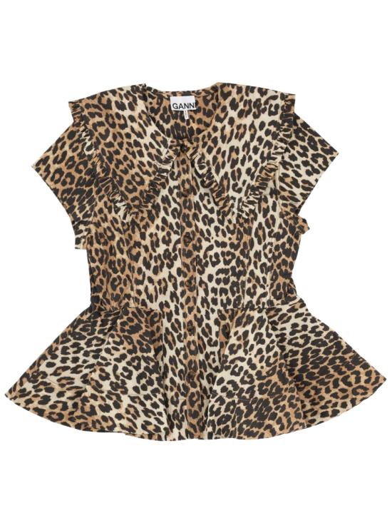 26SS 가니 레오파드 쇼트 코튼 러플 셔츠 A1040120 859 ANIMALIER