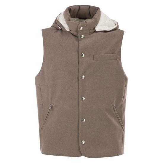 25FW 브루넬로 쿠치넬리 본디드 울 플란넬 디테처블 후드 다운 베스트 MM4701775 HAZELNUT