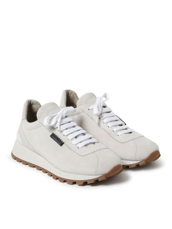 26SS 브루넬로 쿠치넬리 샤이니 탭 디테일 스웨이드 러닝 스니커즈 MZSFG2110C8905 White - BRUNELLO CUCINELLI
