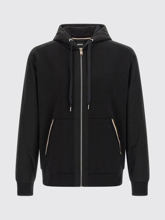 26SS 보스 시그니처 스트라이프 트리밍 코튼 테리 집업 후디 50555115 001 Black - BOSS