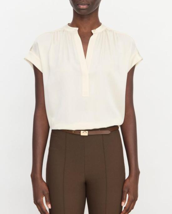  빈스 블라우스 개더드 넥 캡 슬리브  크림