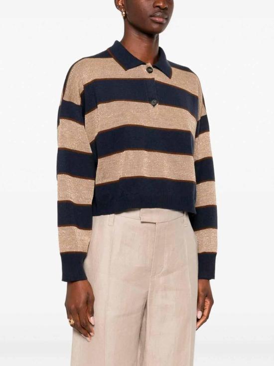 26SS 브루넬로 쿠치넬리 스파클링 스트라이프 크롭 니트 폴로 M16221605CNQ41 Dark Blue - BRUNELLO CUCINELLI