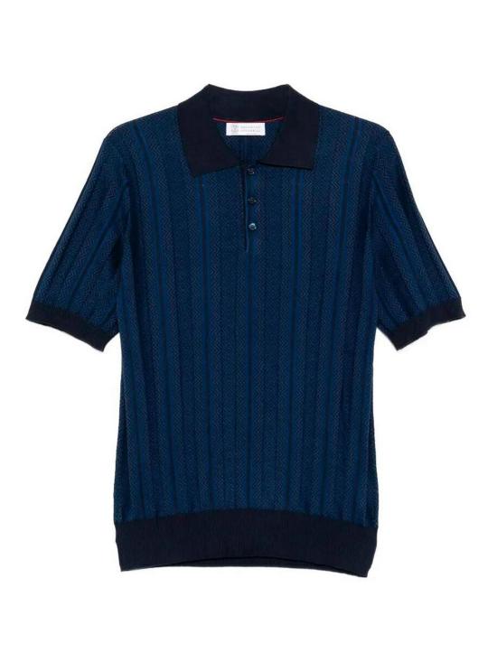 26SS 브루넬로 쿠치넬리 자카드 니트 폴로 셔츠 M29806305CFP55 Blue