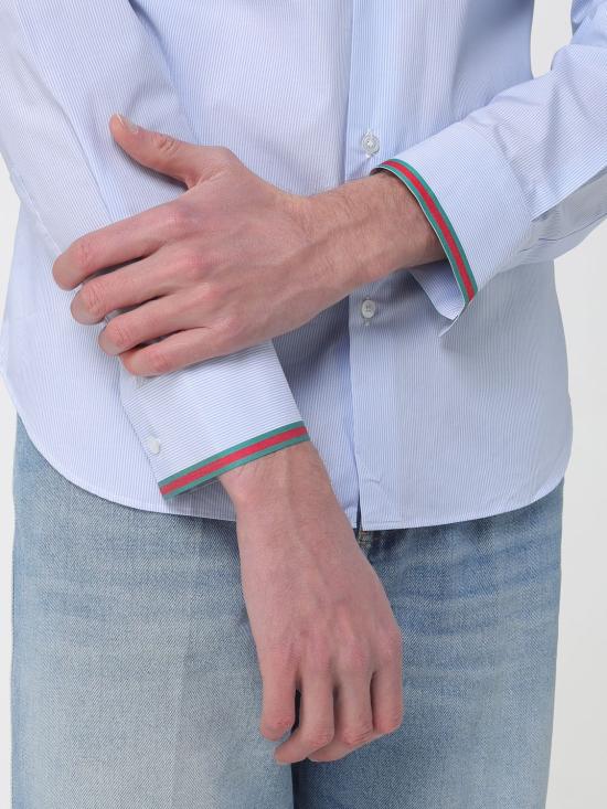 26SS 구찌 웹 디테일 스트라이프 코튼 셔츠 852707ZAS5W 4305 Gnawed Blue - GUCCI
