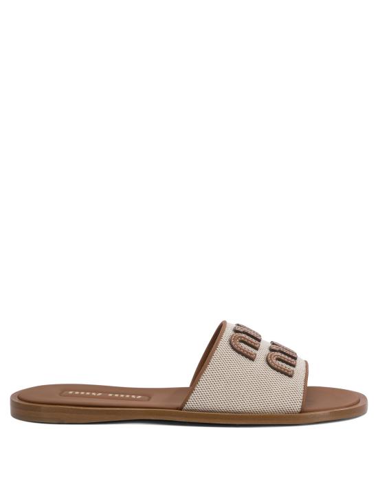 26SS 미우미우 캔버스 앤 레더 슬라이드 5XX644Q1DF062F F 005 Beige