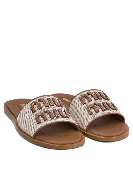 26SS 미우미우 캔버스 앤 레더 슬라이드 5XX644Q1DF062F F 005 Beige - MIU MIU