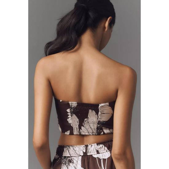  모드 클럽 민소매 티셔츠 반도 타이 프론트 크롭탑 브라운 플로럴 - MAUDE CLUB