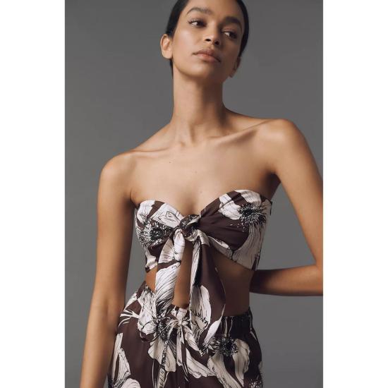  모드 클럽 민소매 티셔츠 반도 타이 프론트 크롭탑 브라운 플로럴