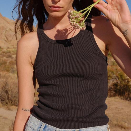  아모 데님 민소매 티셔츠 롱 립 탱크탑 빈티지 블랙