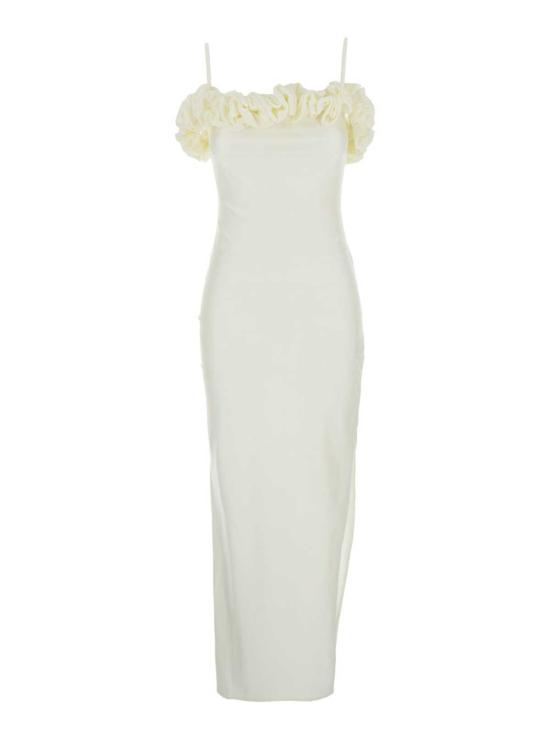  코페르니 롱 원피스 민소매 롱 드레스, 러플 디테일과 비대칭 밑단, 신축성 있는 테크니컬 원단, 화이트 색상