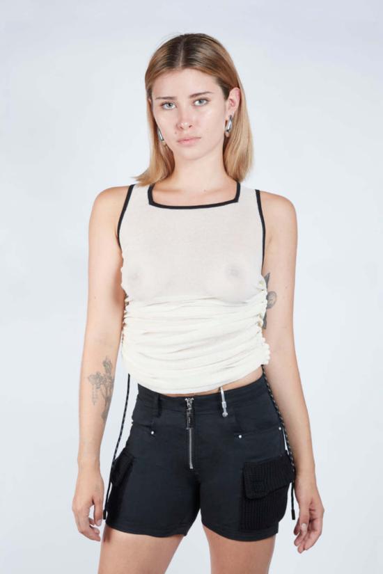  팡 뉴욕 민소매 티셔츠 팡 NYC 러치드 파라코드 스퀘어넥 탱크탑 베이지 - FANG NYC