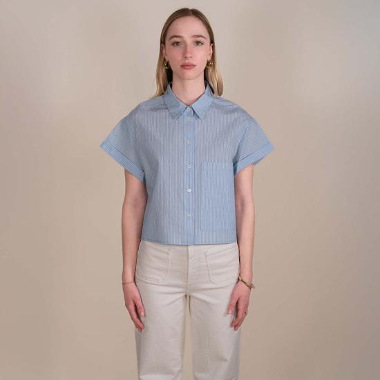  텔라 민소매 티셔츠 록키 셔츠, 흰색과 하늘색 줄무늬 - TELA