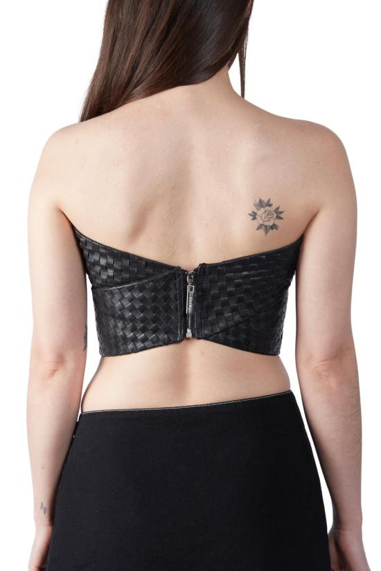  팡 뉴욕 민소매 티셔츠 팡 NYC 크로스 우븐 비건 가죽 탑 블랙 - FANG NYC