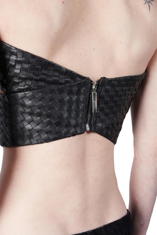  팡 뉴욕 민소매 티셔츠 팡 NYC 크로스 우븐 비건 가죽 탑 블랙 - FANG NYC