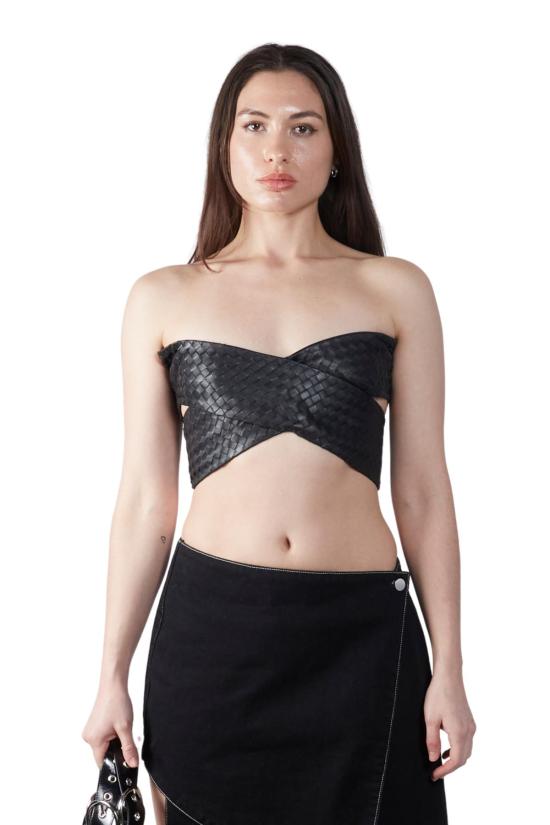  팡 뉴욕 민소매 티셔츠 팡 NYC 크로스 우븐 비건 가죽 탑 블랙