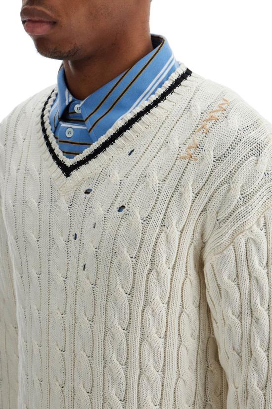  마르니 스웨터 케이블 니트 브이넥  화이트 - MARNI