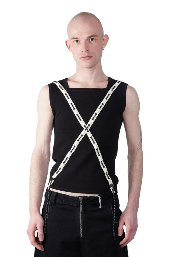  팡 뉴욕 민소매 티셔츠 팡 NYC 그로밋 크로스 니트 탑 블랙/베이지 - FANG NYC