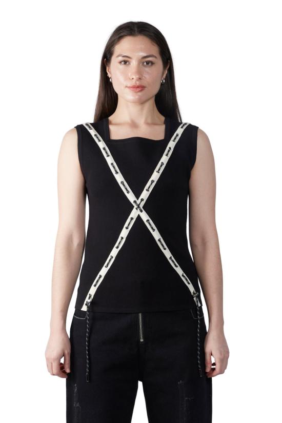  팡 뉴욕 민소매 티셔츠 팡 NYC 그로밋 크로스 니트 탑 블랙/베이지