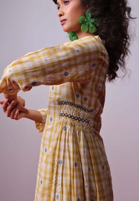  이키비 롱 원피스 선릿 모자이크 레이어드 드레스 옐로우/화이트 - IKKIVI