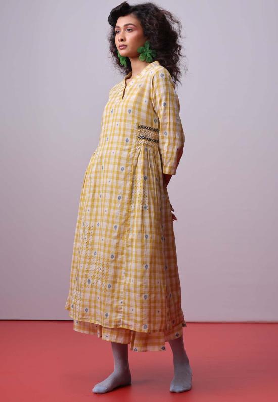  이키비 롱 원피스 선릿 모자이크 레이어드 드레스 옐로우/화이트