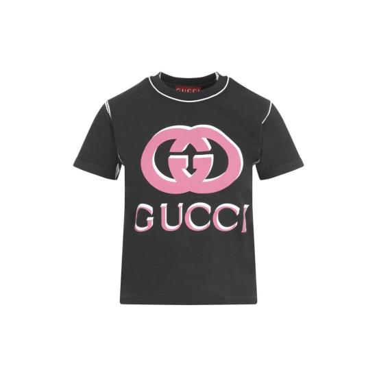  구찌 반팔 티셔츠 로고 프린트 티셔츠 블랙 멀티컬러 - GUCCI