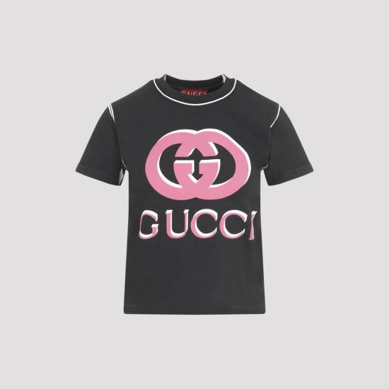  구찌 반팔 티셔츠 로고 프린트 티셔츠 블랙 멀티컬러 - GUCCI