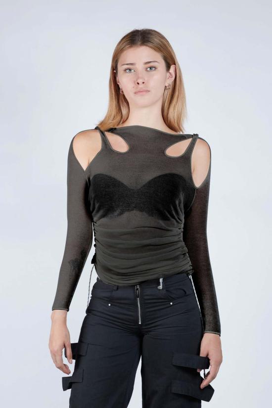  FANG NYC 반팔 티셔츠 Fang Nyc 러치드 파라코드 오버레이 스트랩 긴팔 블랙