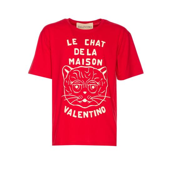  발렌티노 가라바니 반팔 티셔츠 Valentino Garavani Le Chat De La Maison 프린트 티셔츠 레드