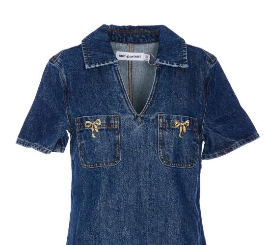  셀프 포트레이트 숏 원피스 데님 크리스탈 보우 미니 드레스 블루 - SELF PORTRAIT