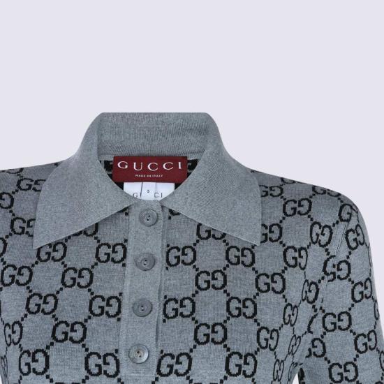  구찌 미디 원피스 회색 및 검정색 울 드레스 - GUCCI