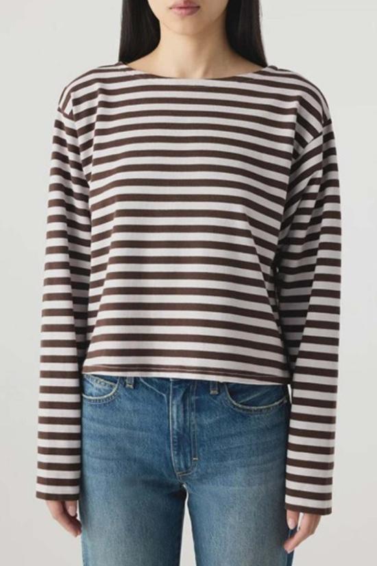  아모 데님 블라우스 헵번 스트라이프 탑