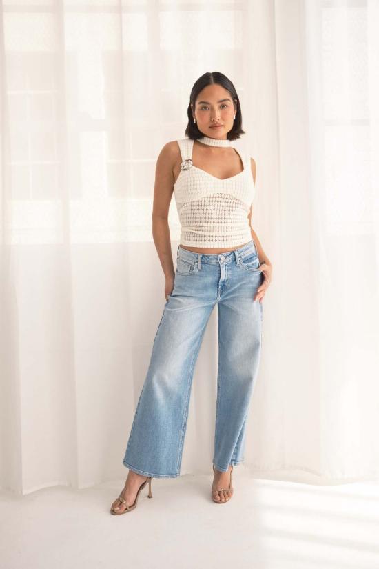  저스트 블랙 데님 데님 팬츠 미드라이즈 슬림 와이드 레그 라이트 데님 - JUST BLACK DENIM