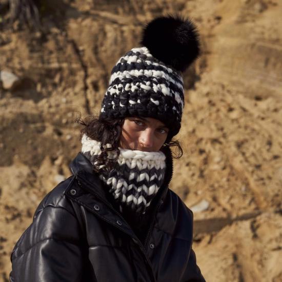  미샤램퍼트 모자 미샤 램퍼트 흑백 줄무늬 비니 + 블랙 XL 폼폼 - MISCHA LAMPERT