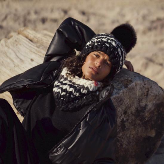  Mischa Lampert 모자 미샤 램퍼트 흑백 줄무늬 비니 + 블랙 XL 폼폼