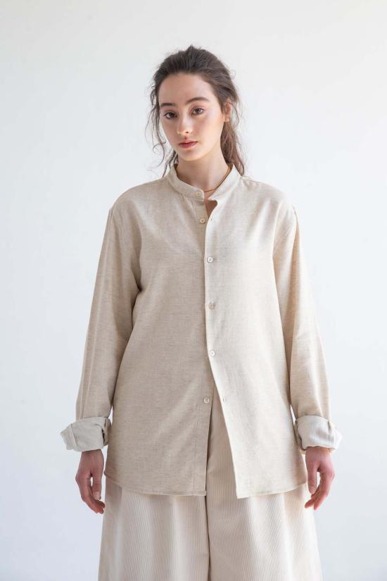  Graphia New York 긴팔 셔츠 '리암' 밴드 칼라 빈티지 크림색 긴팔 - OTHER BRANDS