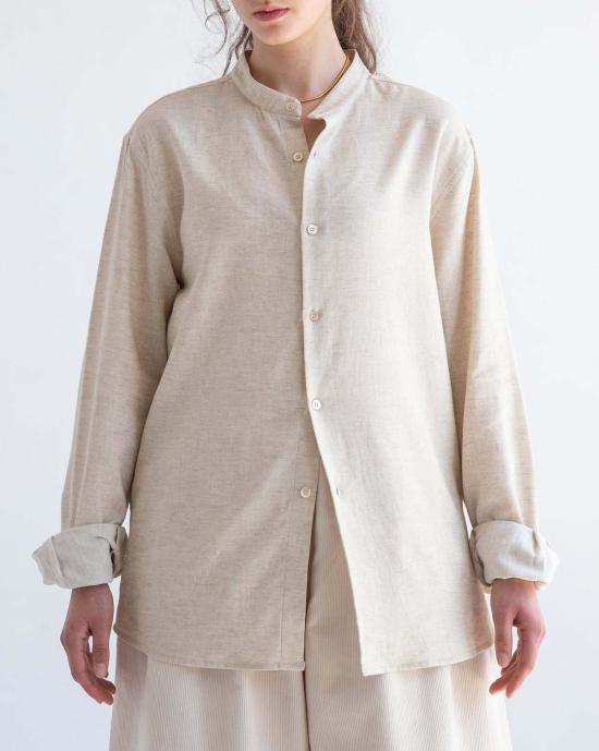  Graphia New York 긴팔 셔츠 '리암' 밴드 칼라 빈티지 크림색 긴팔 - GRAPHIA NEW YORK