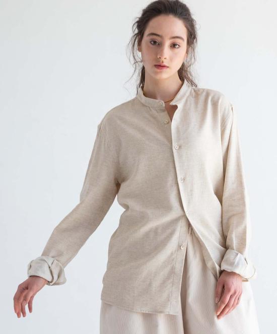  Graphia New York 긴팔 셔츠 '리암' 밴드 칼라 빈티지 크림색 긴팔 - OTHER BRANDS