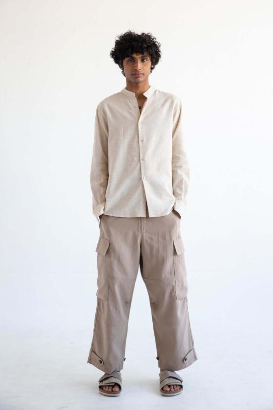  Graphia New York 긴팔 셔츠 '리암' 밴드 칼라 빈티지 크림색 긴팔 - OTHER BRANDS