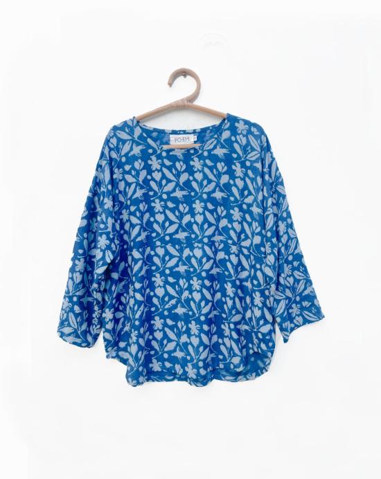  포엠 튜닉 Po Em Everyday 탑, 실크 인디고 스카이 가든 프린트