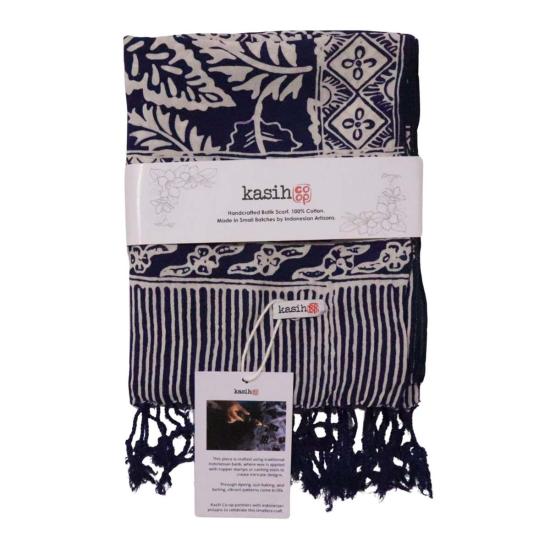  카시 코옵 머플러/스카프 Kasih Coop 손 염색 바틱 스카프 파란색 잎 - KASIH COOP