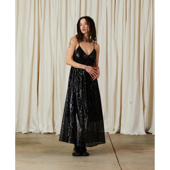  알리 골든 롱 원피스 타이백 맥시 드레스 블랙 스팽글 - ALI GOLDEN