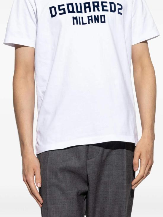  디스퀘어드2 반팔 티셔츠 Dsquared2 코튼 티셔츠 화이트/다크 네이비 프린트 - DSQUARED2