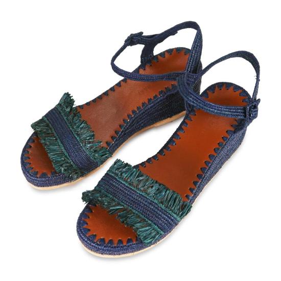  프라우드 메리 풋웨어 샌들 라피아 웨지 프린지  네이비/포레스트 프린지 - PROUD MARY FOOTWEAR