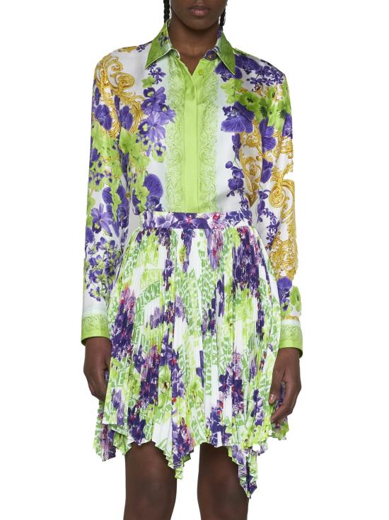  베르사체 미디 스커트 플리츠 프린트  비앙코 베르데 - VERSACE