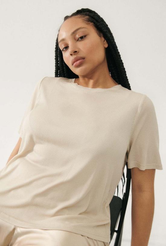  실크 런드리 반팔 티셔츠 골지 티셔츠 헤이즐넛