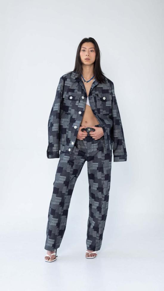  그라피아 뉴욕 데님 자켓 딘 재킷 다크 데님 패치워크 자카드 - GRAPHIA NEW YORK