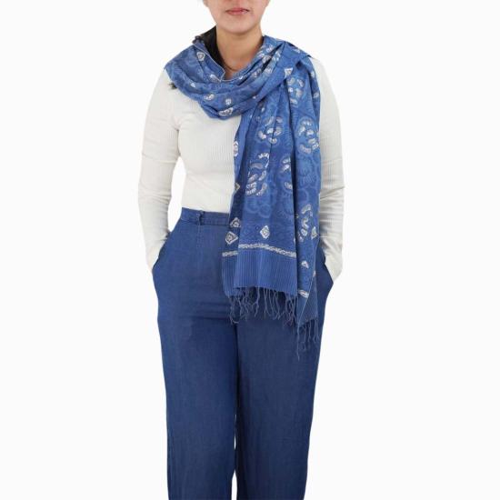  카시 코옵 머플러/스카프 Kasih Coop 손 염색 바틱 스카프 블루 장미 꽃무늬 - KASIH COOP